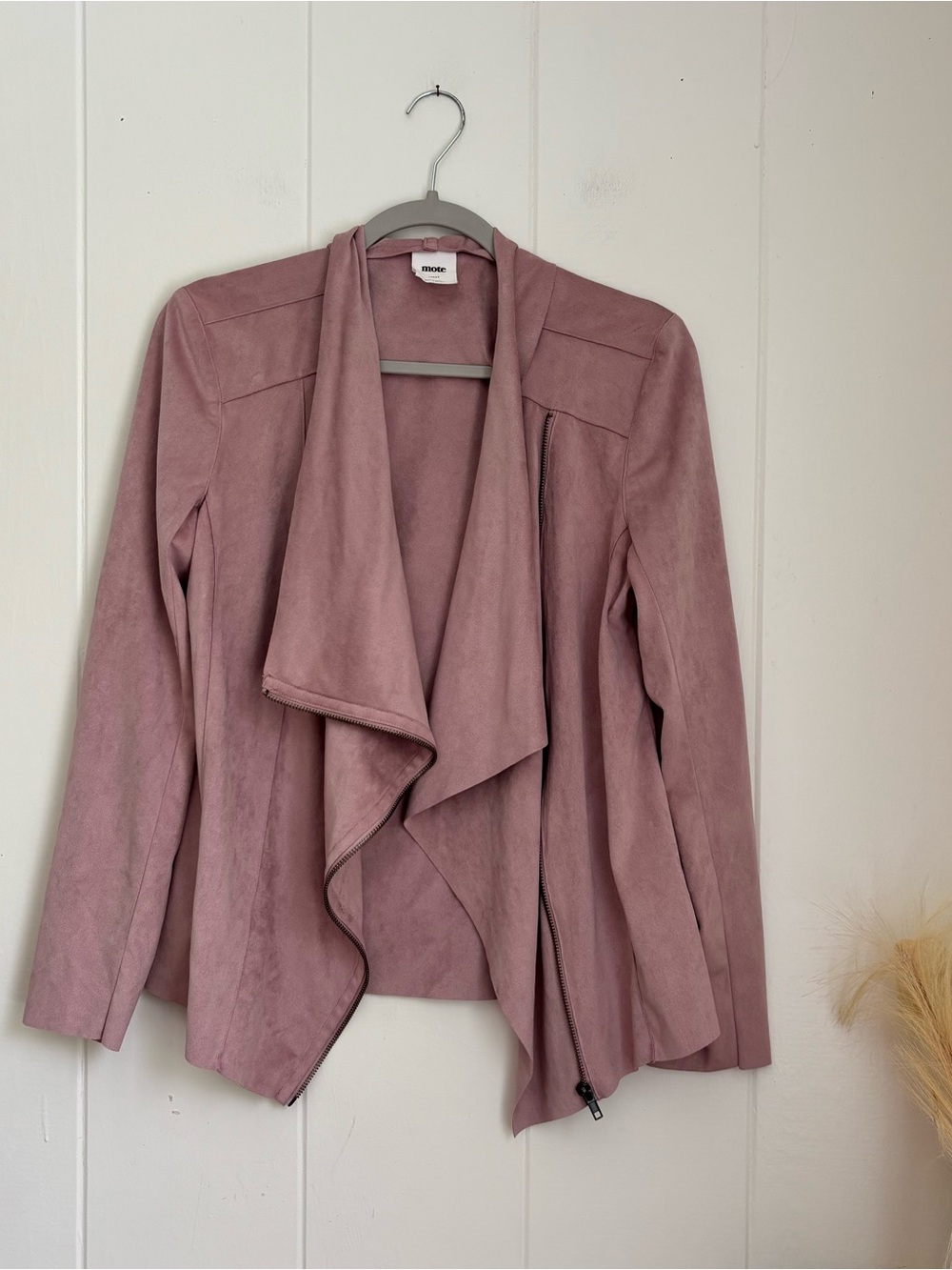 Moss Denim Soft Mauve Draped Faux-Suede Moto Jacket